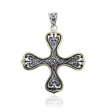 Elaborate Celtic Knotwork Cross Silver and 14K Gold Accent Pendant MPD988 - Jewelry